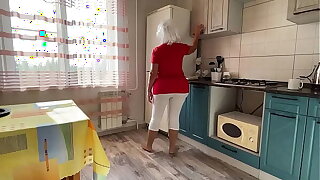 Stepmom with a big bootie sucks dick and has anal sex with her son in the kitchen