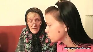 Hot babe helps granny to sucks a boner